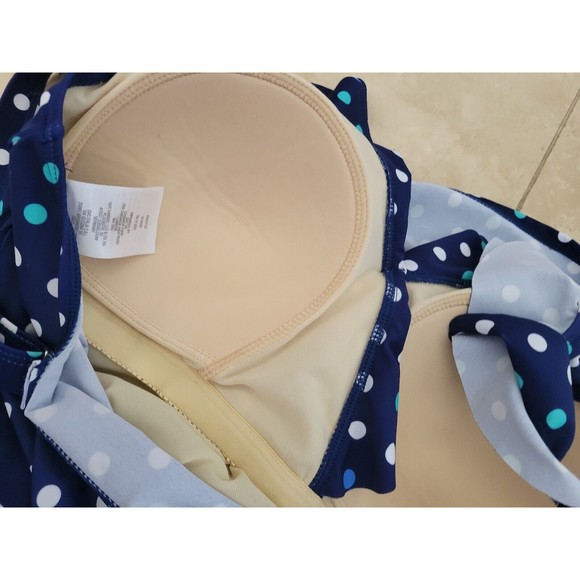 Denim & Co. Beach Ruffle Neck Skirted Swim Dress Suit Blue Dots NWOT Sz 12 - Picture 8 of 10